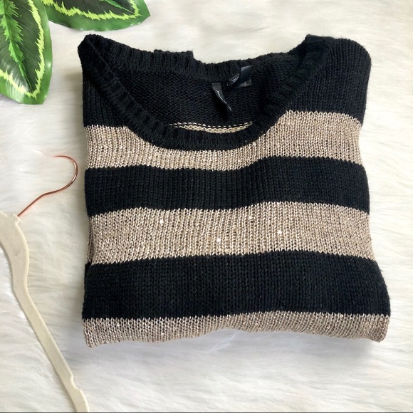 -Tan & Black Striped Knit Sparkle Sweater - Picture 5 of 12